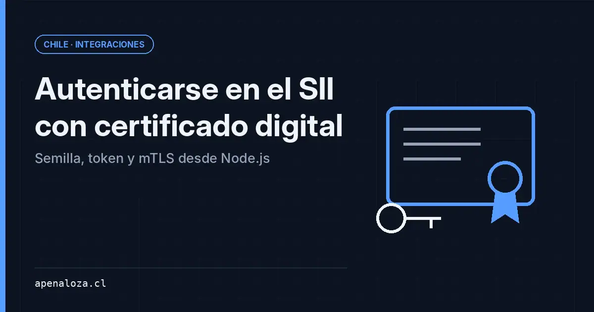 Portada: Autenticarse en el SII con certificado digital, semilla, token y mTLS desde Node.js, con el ícono de un certificado y una llave