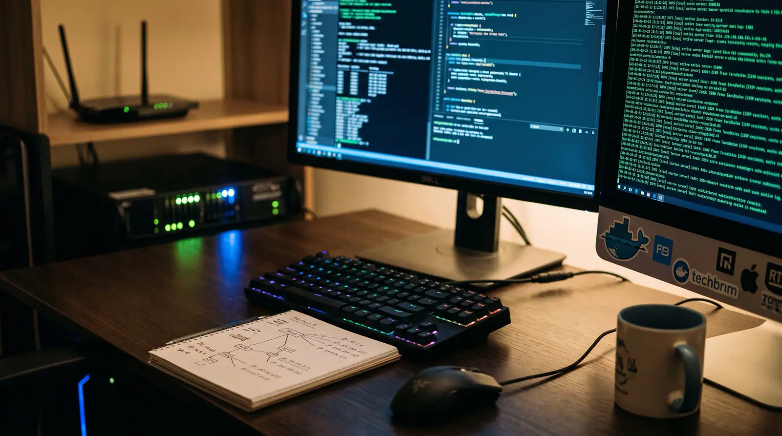 Escritorio de desarrollo de noche con varios monitores que muestran código y terminales, iluminado por la luz de las pantallas