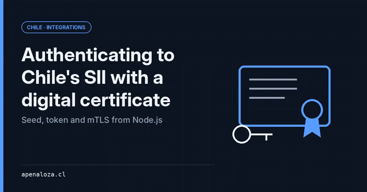 Cover: Authenticating to Chile's SII with a digital certificate, seed, token and mTLS from Node.js, with a certificate and key icon